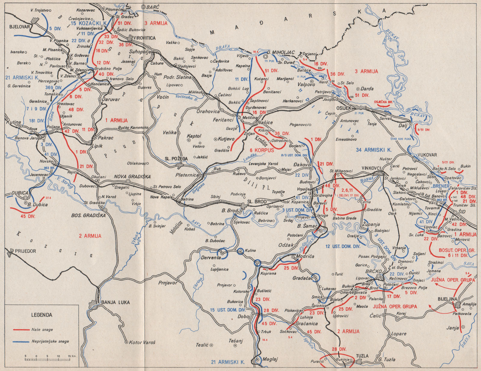 YUGOSLAVIA. Breakthrough Pre Srem Front April 1945. Vinkovci Virovitica 1957 map